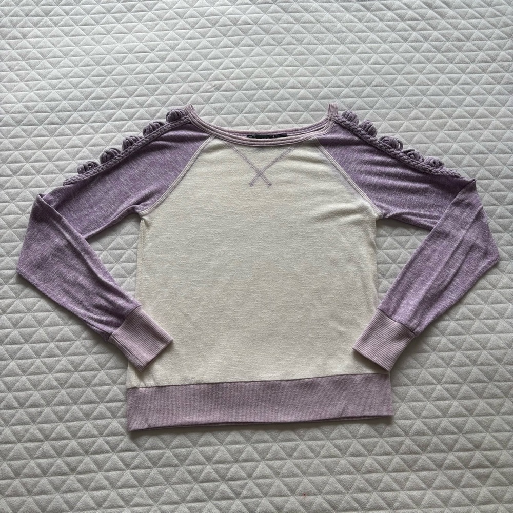 Miss Me Women’s Long Sleeve Top White Purple Size S Open Shoulder Bows Coquette